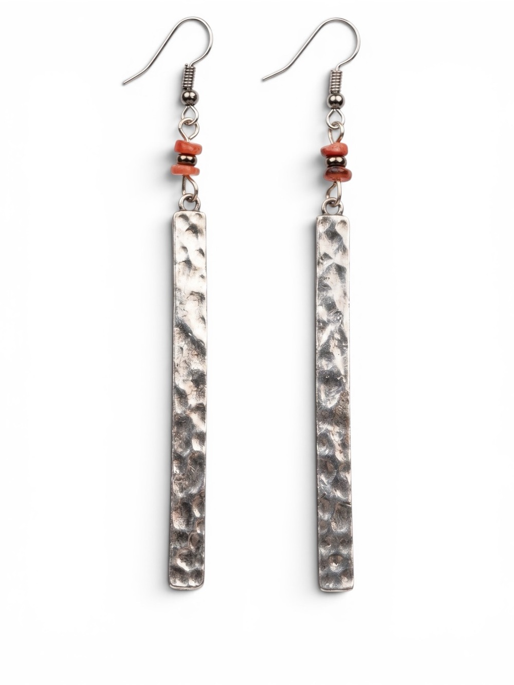Silver Hammered Bar Drop Earrings with Orange Spiny Bead Accents - Picture 2 of 3